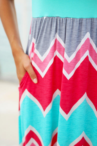 Aqua Chevron Maxi Dress with Pockets