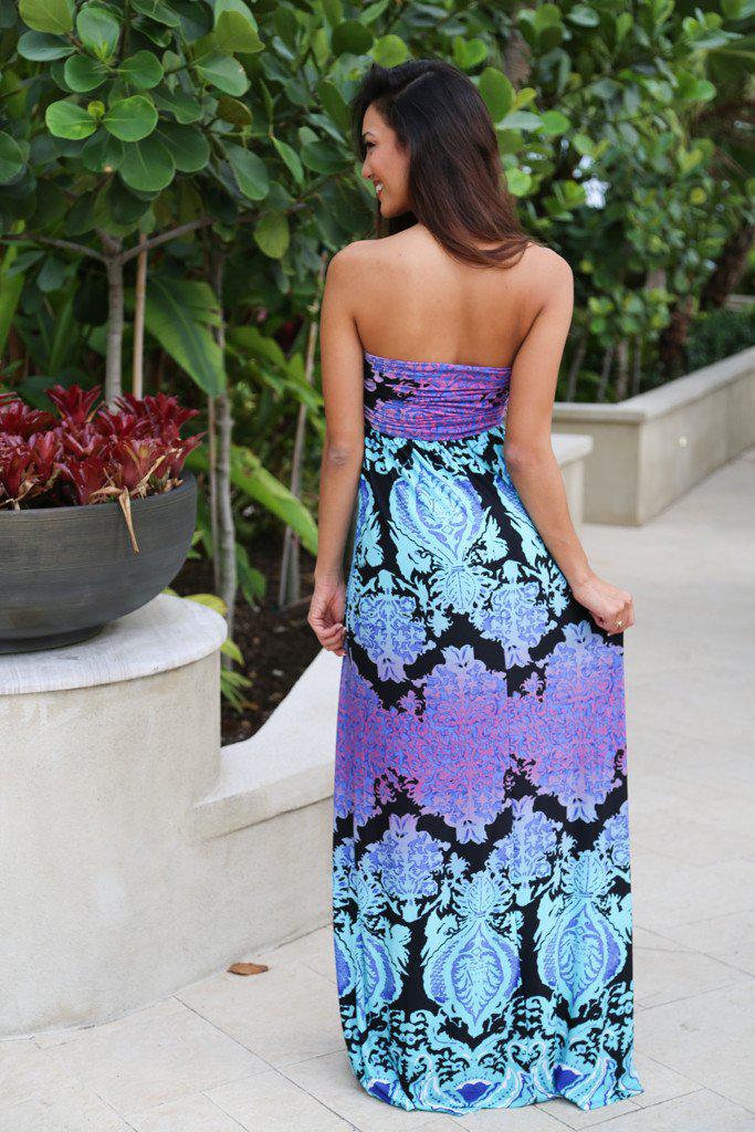 Aqua and Purple Printed Strapless Maxi Dress – Saved by the Dress