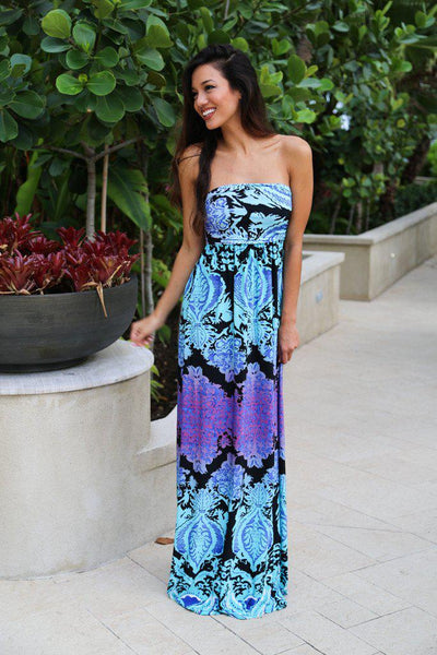 Aqua and Purple Strapless Maxi Dress
