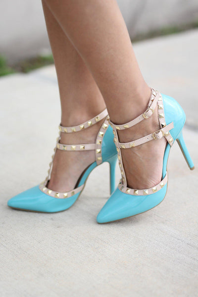 Aqua Studded Strappy Heels