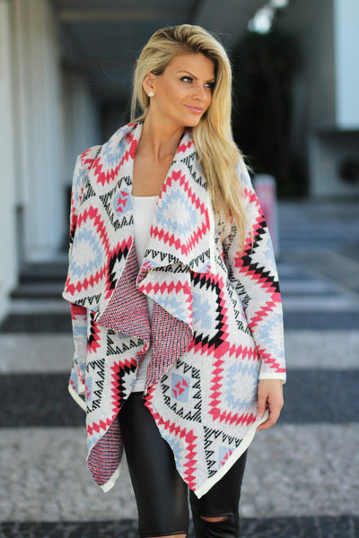 Coral Aztec Sweater Cardigan