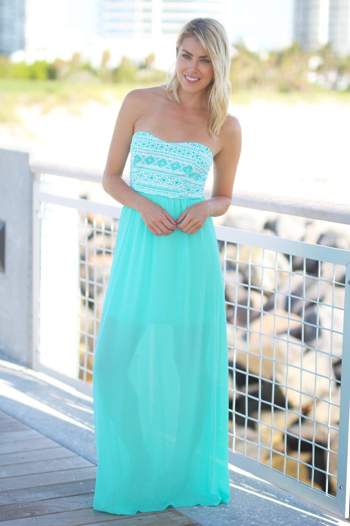 Mint Maxi Dress with Aztec Top | Mint Long Dress – Saved by the Dress