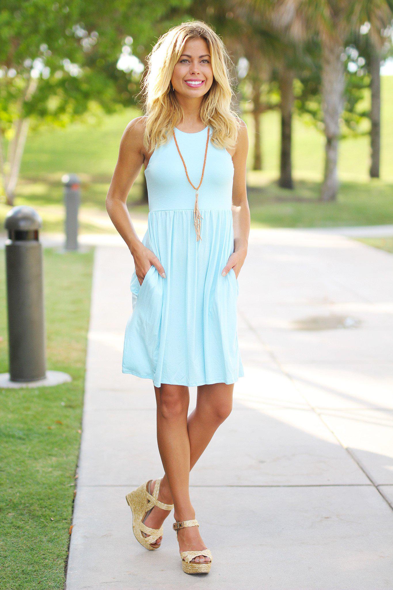 Baby Blue Short Dress with Pockets