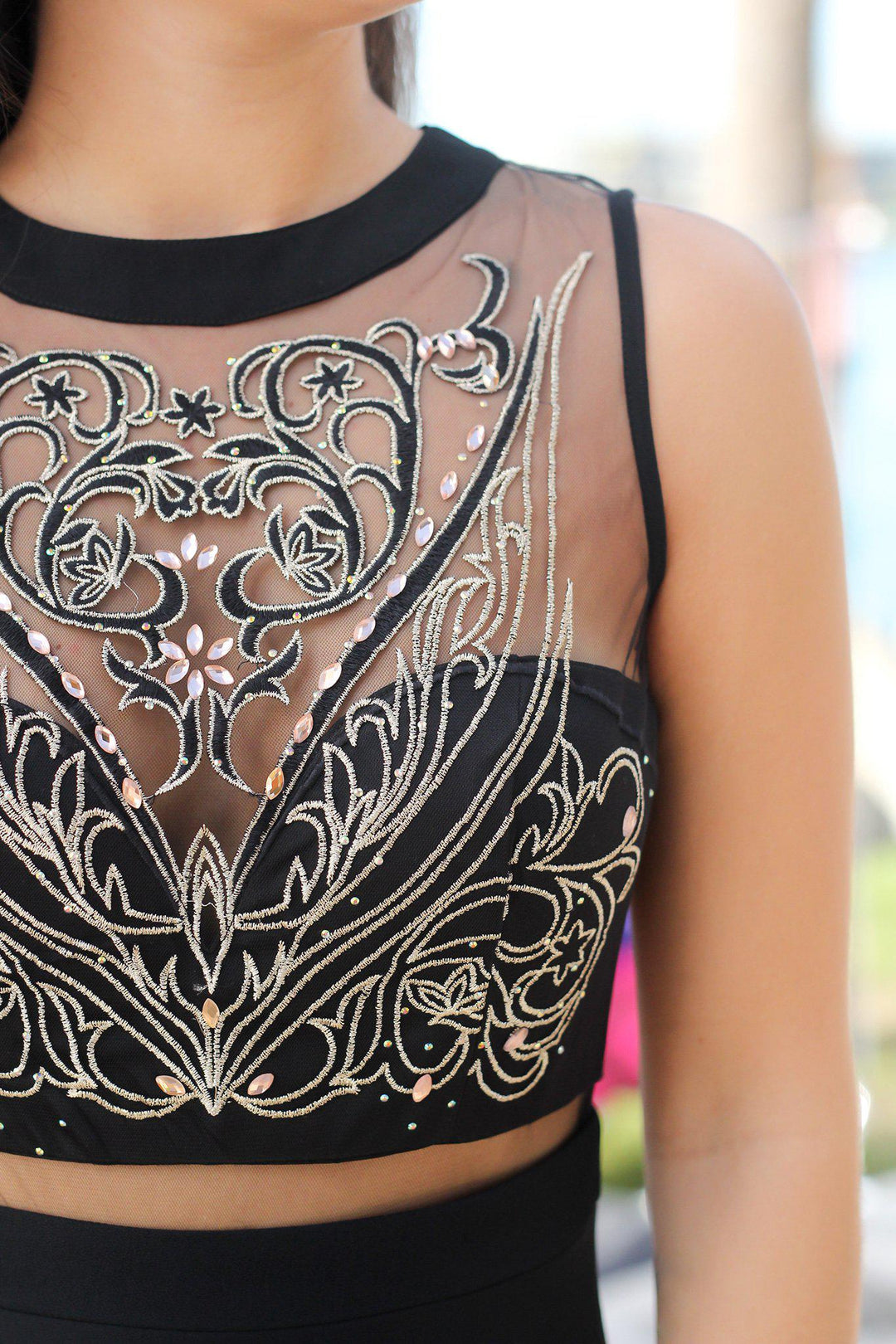 Black and Gold Embroidered Maxi Dress with Tulle Back | Maxi Dresses   Saved by the Dress