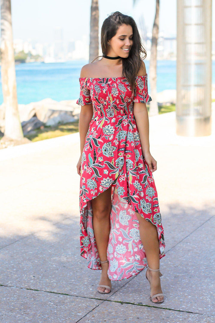 Red and Black Floral Off Shoulder Dress