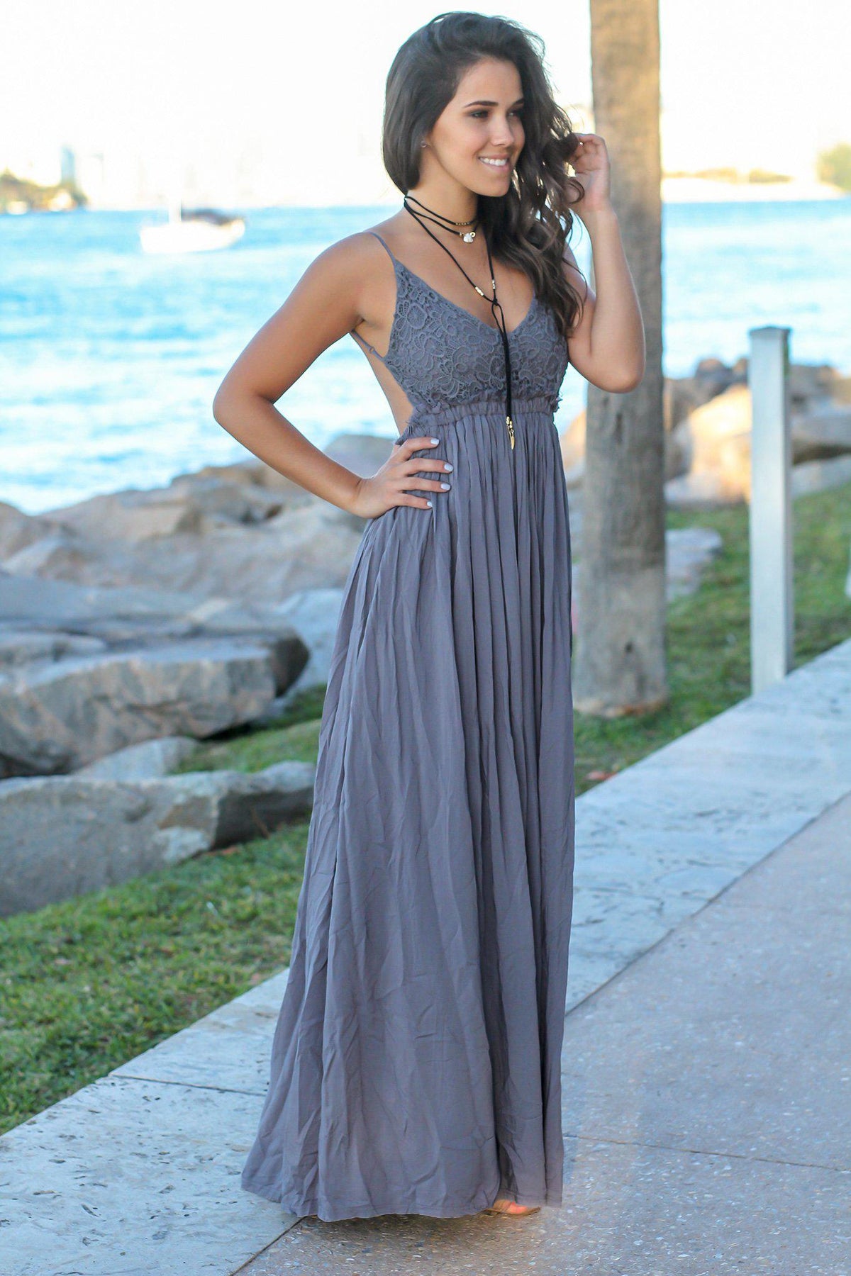 Midnight Lace Maxi Dress with Open Back and Frayed Hem| Maxi Dresses ...