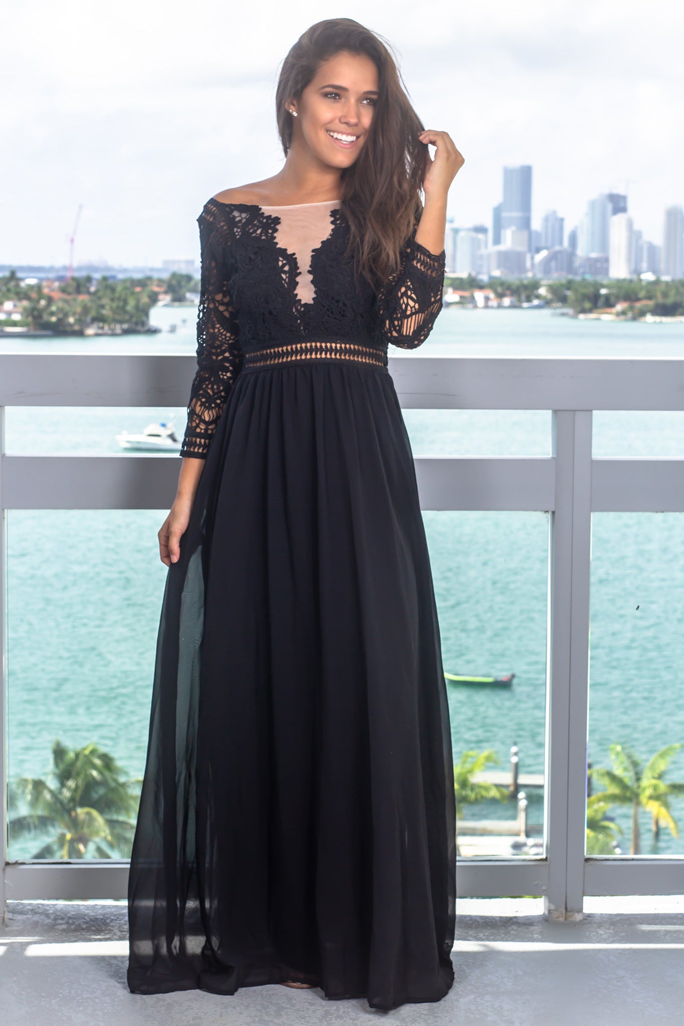 Black Crochet Maxi Dress with 3/4 Sleeves | Maxi Dresses – Saved by the ...