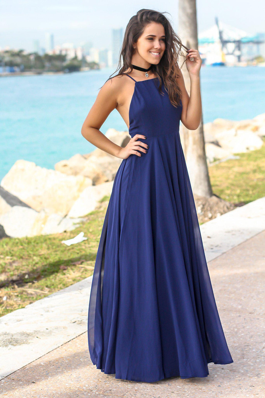 slim fit dress slacks Navy Dress with Criss Cross Back