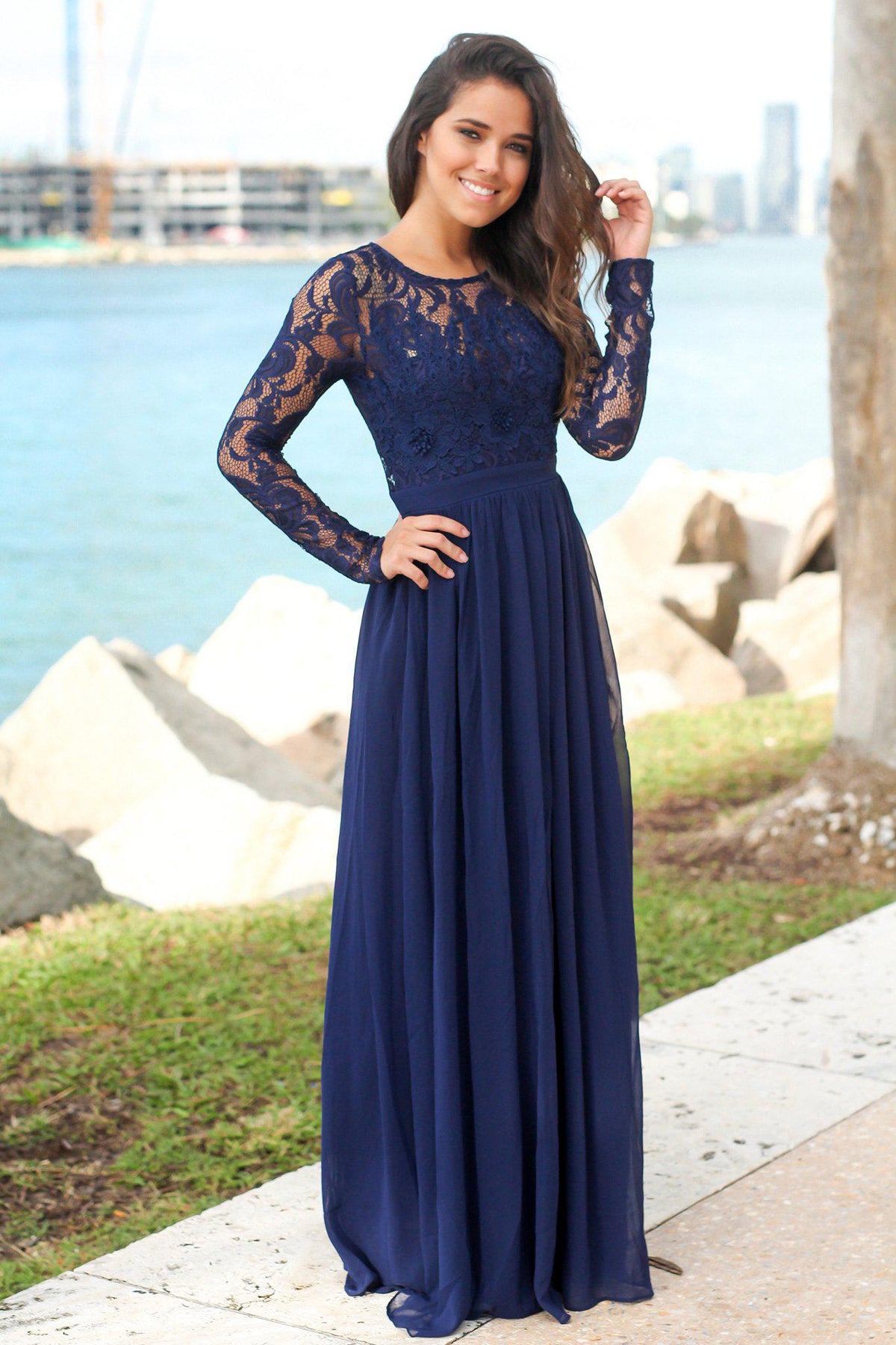 Navy Long Sleeve Maxi Dress with Crochet Top | Maxi Dresses – Saved by ...