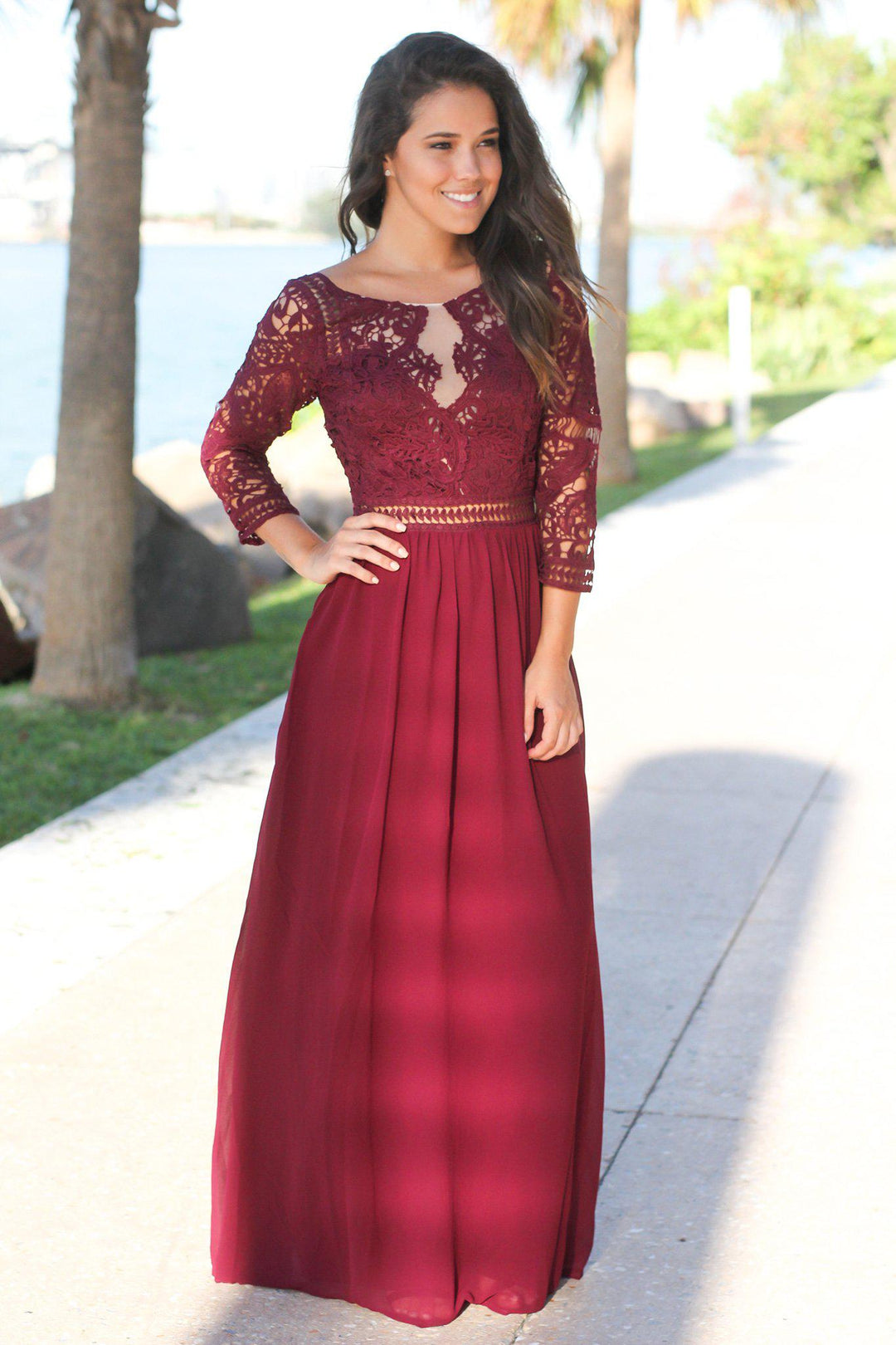 Wine Crochet Maxi Dress with 3/4 Sleeves