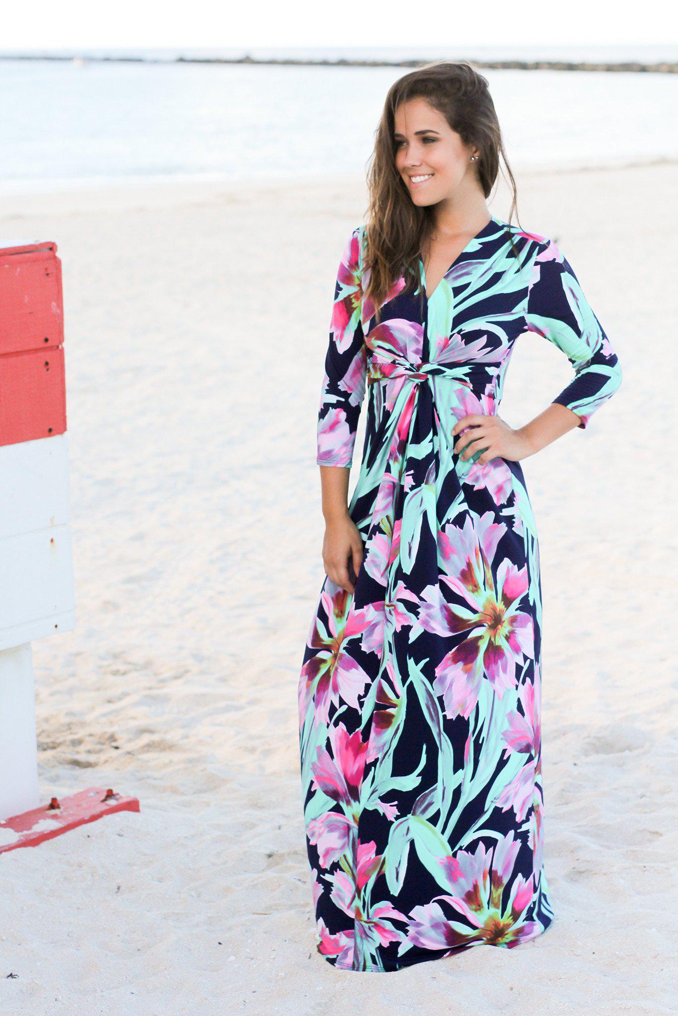 Navy and Jade Floral Maxi Dress with Knot | Maxi Dresses – Saved by the ...