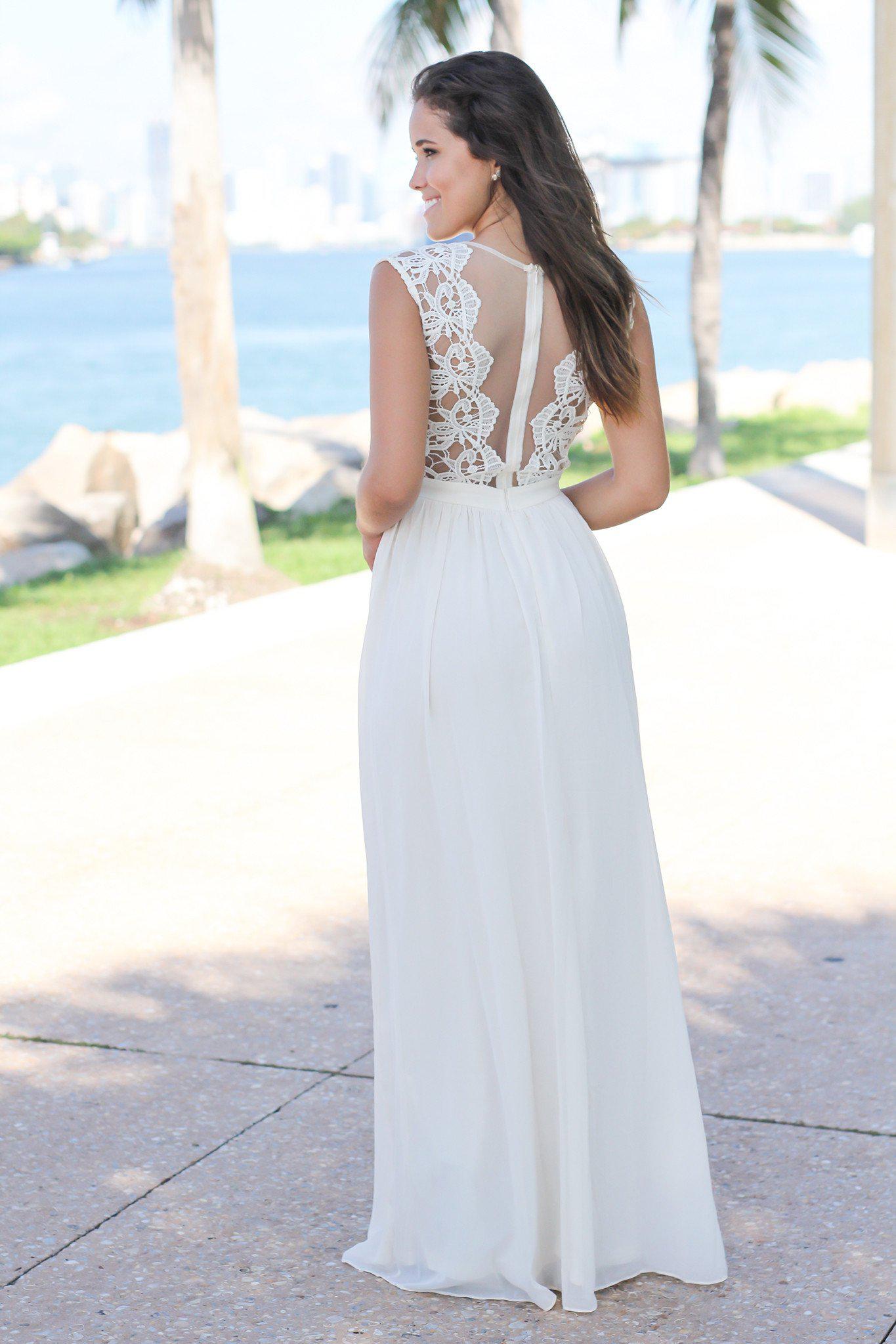 Beige Crochet Maxi Dress with Tulle Back
