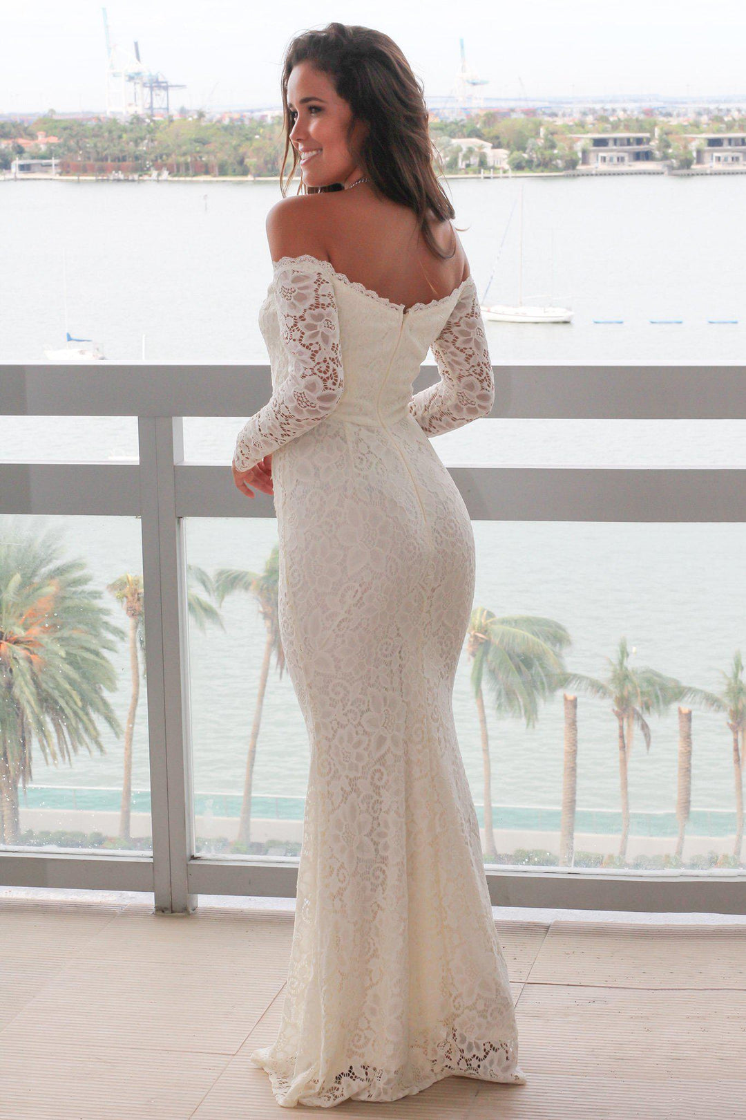 fitted lace wedding dress Beige Crochet Off Shoulder Maxi Dress