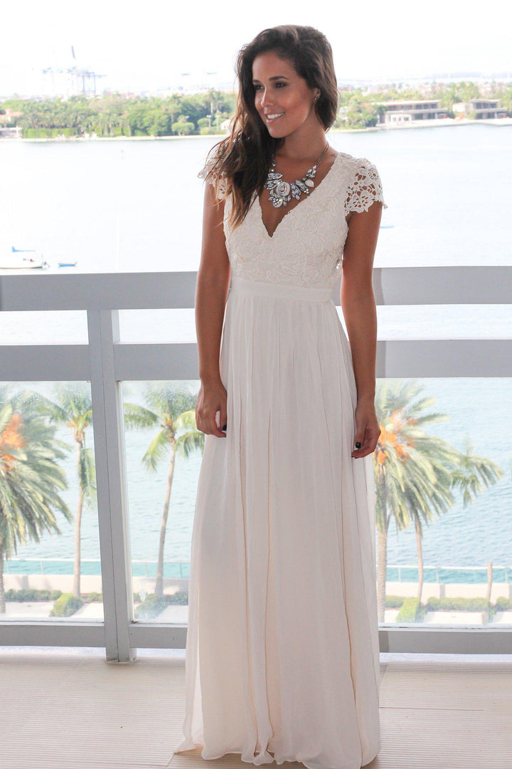 Beige Crochet Top Maxi Dress with Open Back Maxi Dresses Saved by the Dress