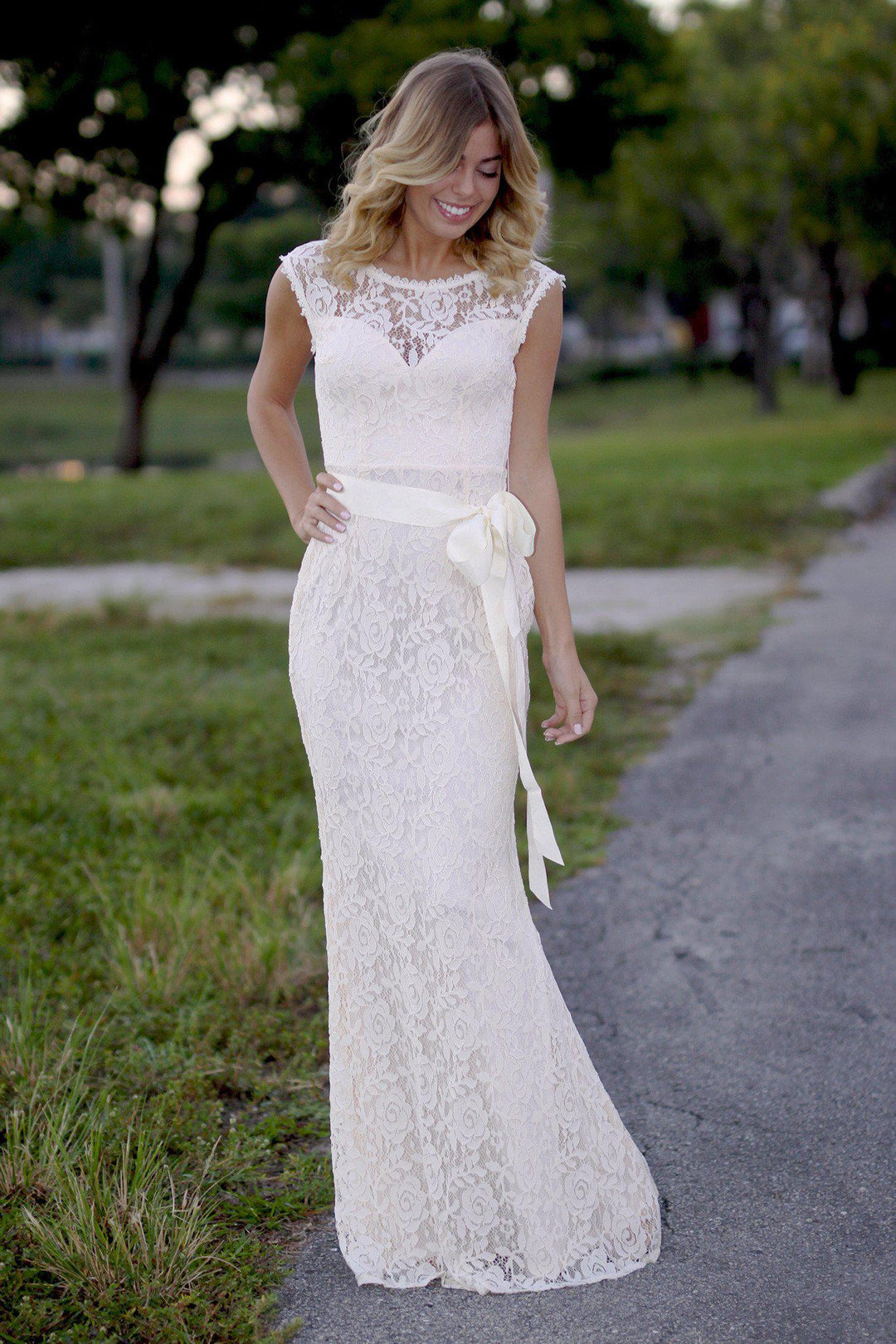 Beige Lace Maxi Dress with Bow | Beige Maxi Dress