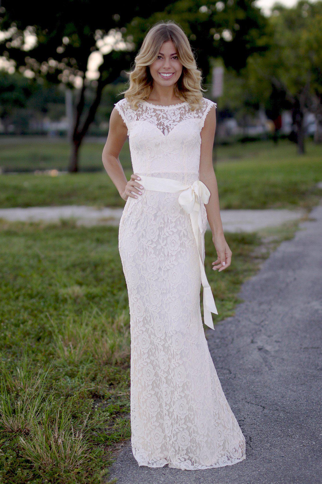 beige lace maxi dress with bow