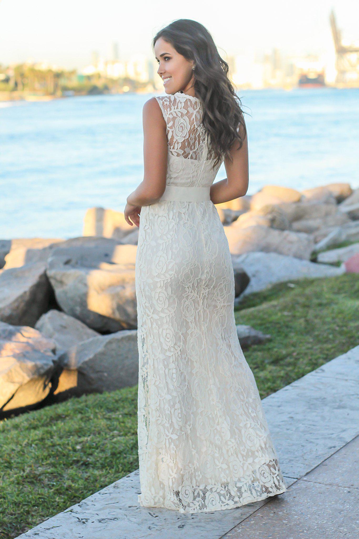 Beige Lace Maxi Dress with Tie Waist and Side Slit