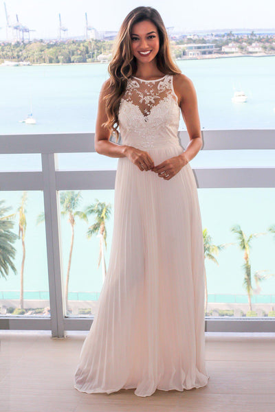 Beige Pleated Maxi Dress with Embroidered Top