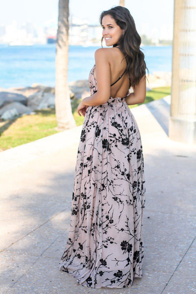 Beige Printed Maxi Dress with Criss Cross Back