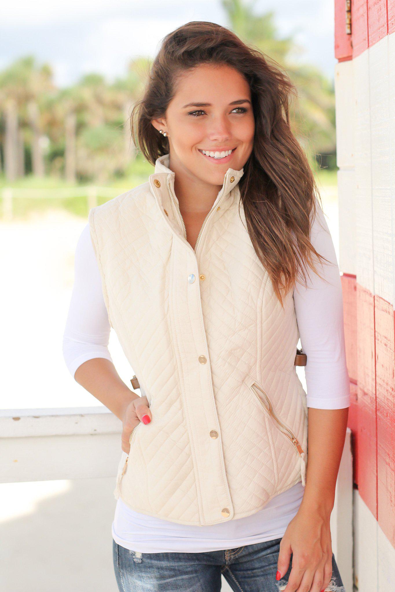 Beige Quilted Vest with Fur Lining