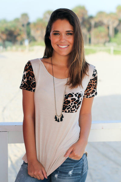 Beige Top with Leopard Sleeves and Pocket