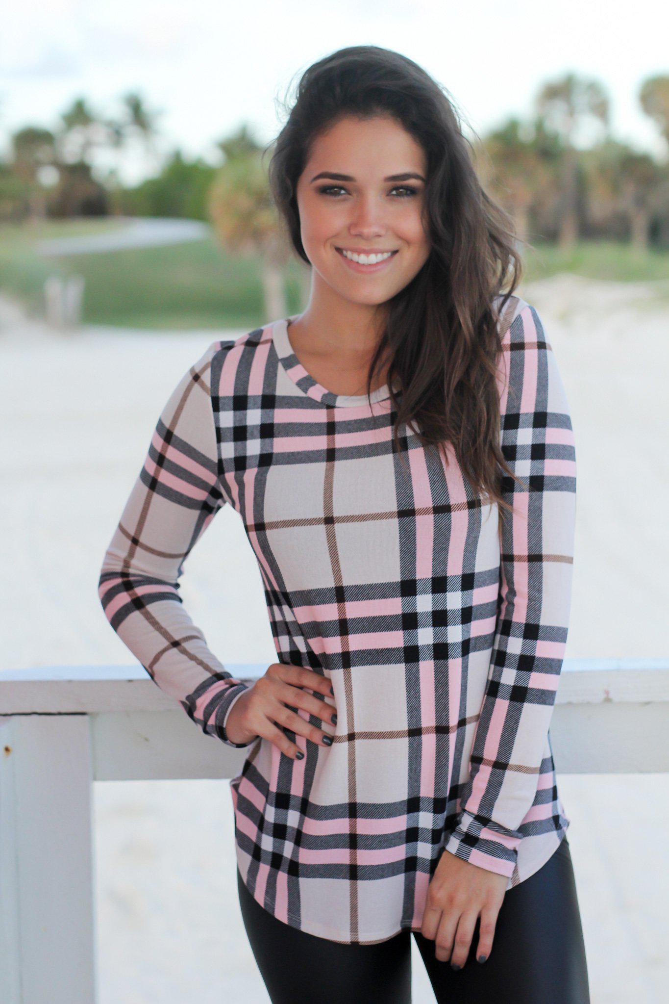 Beige and Pink Plaid Long Sleeve Top