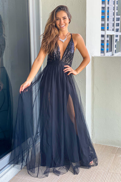 black tulle maxi dress with sequin top