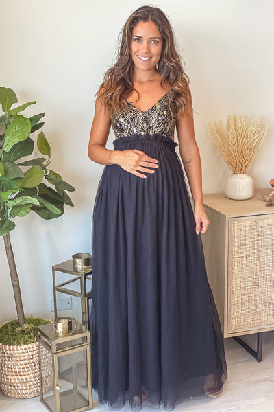 Black Glitter Top Maternity Tulle Maxi Dress