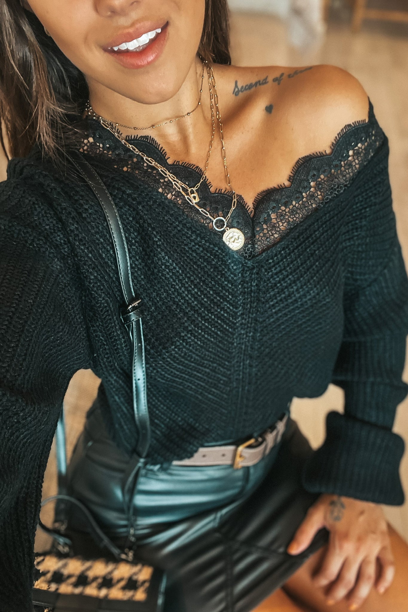 Black Lace Trim V-Neck Sweater