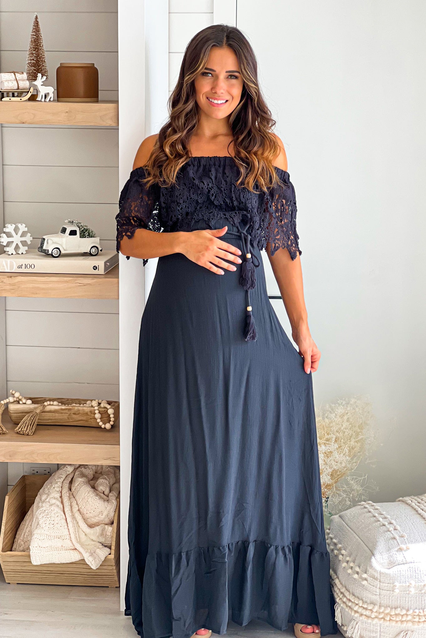 Black Maternity Maxi Dress with Lace Off Shoulder