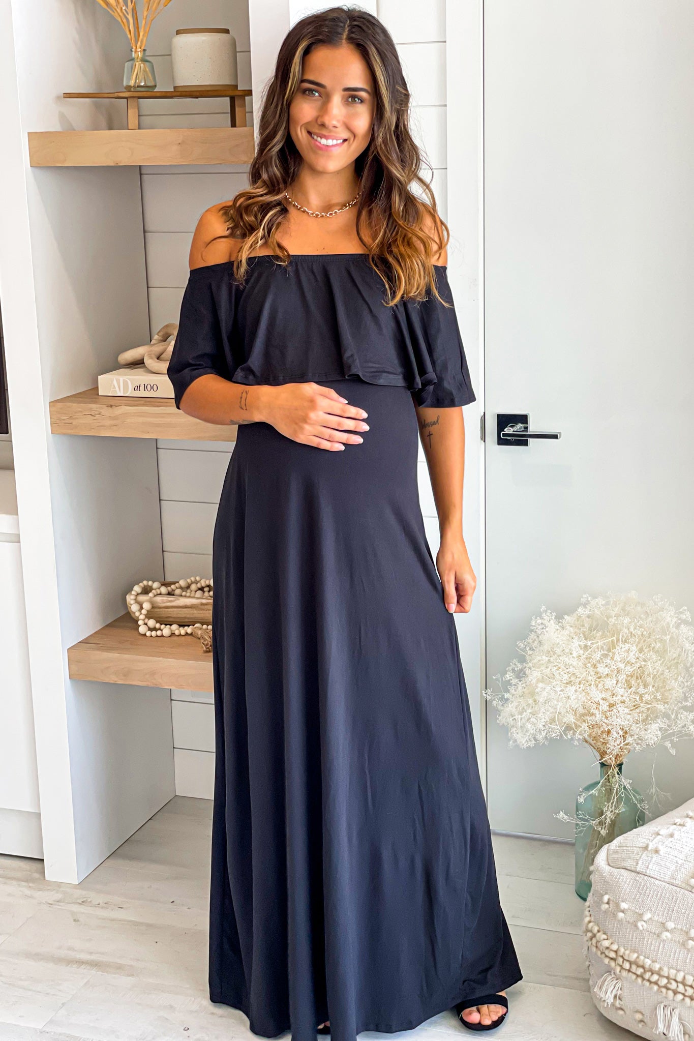Black Off Shoulder Maternity Maxi Dress with Ruffled Top