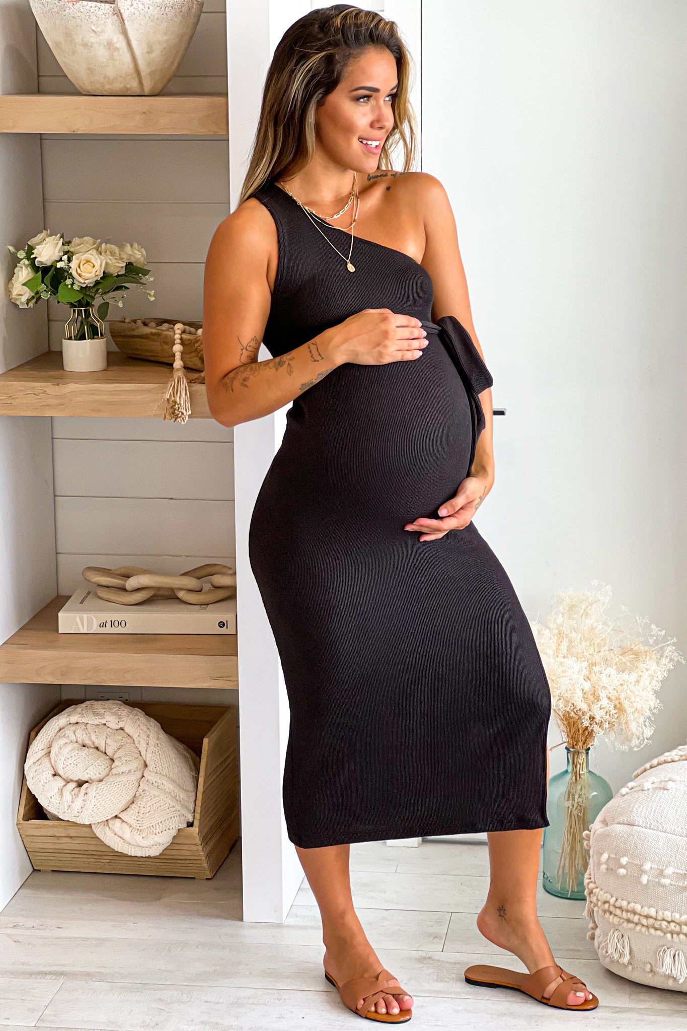 Black Ribbed One Shoulder Maternity Midi Dress