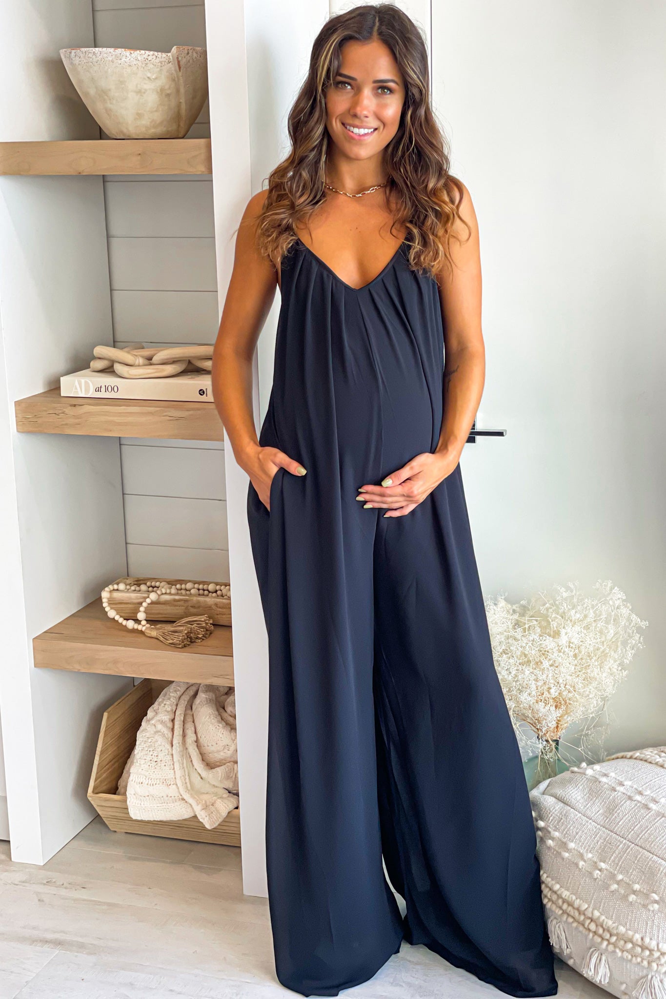 Black Woven Maternity Jumpsuit with Pockets