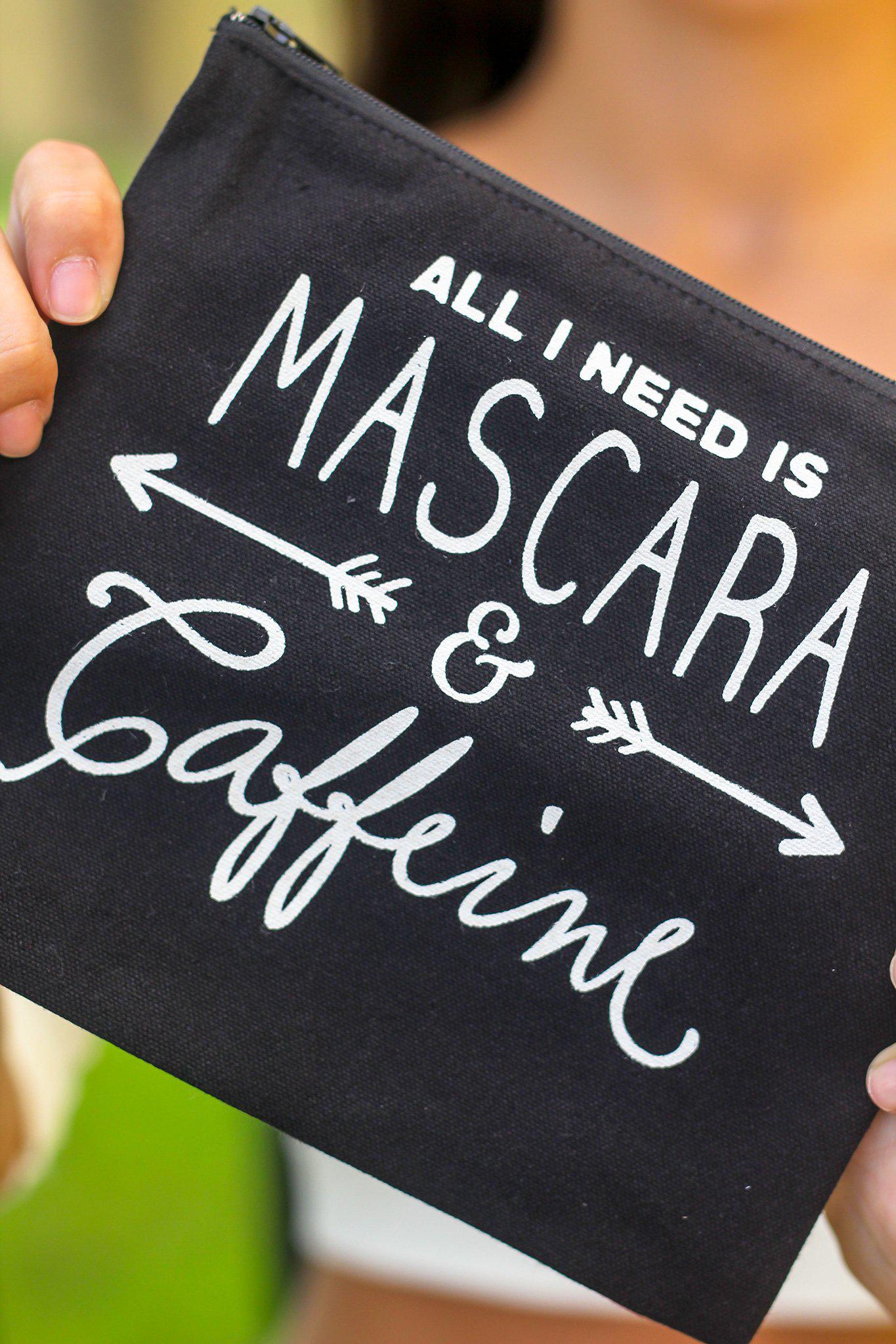 Black "All I need is Mascara and Caffeine" Makeup Bag