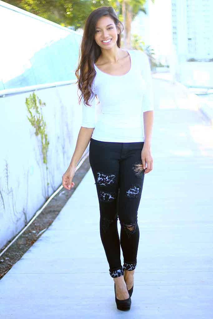 Black And Gray Leopard Patch Distressed Jeans