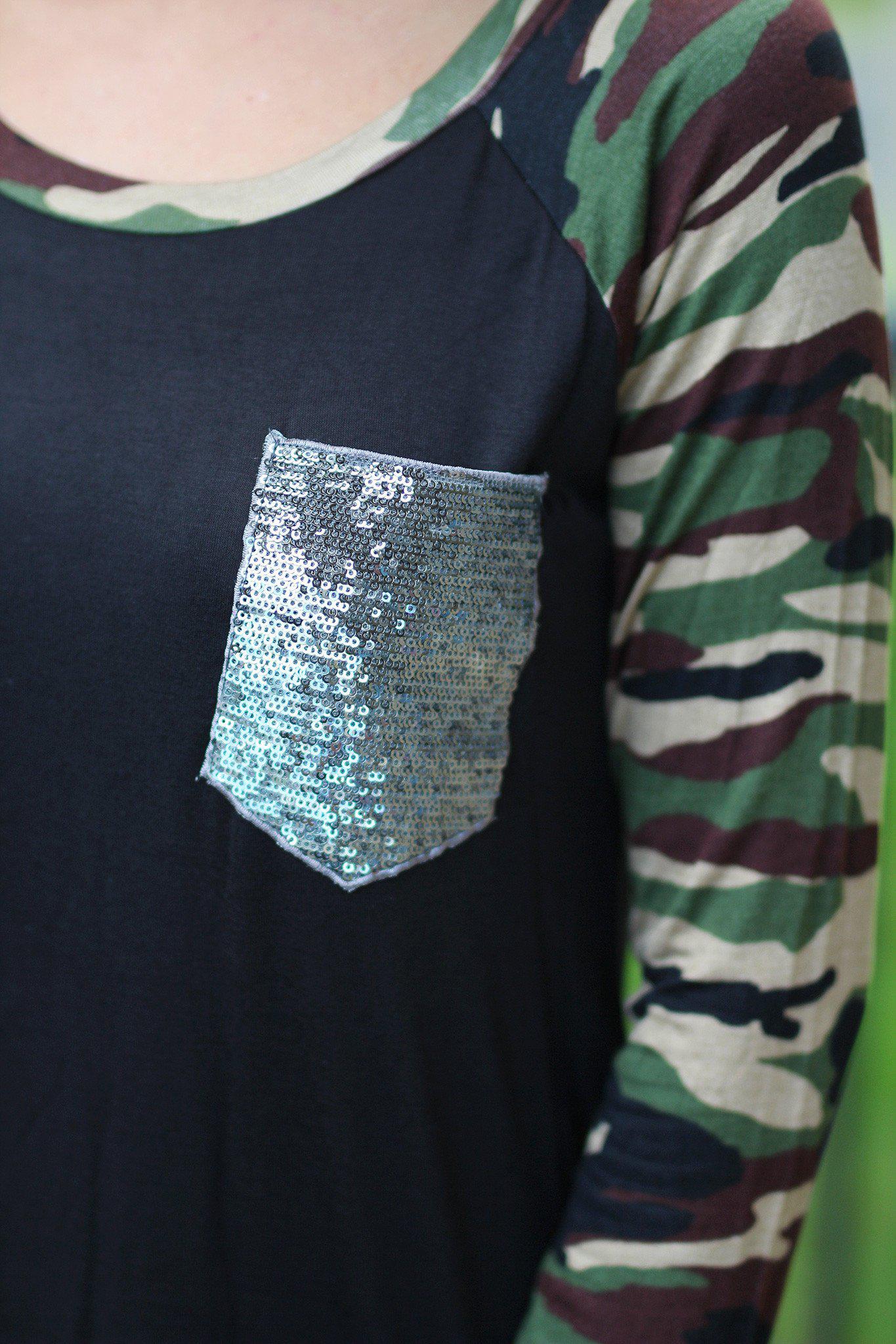 Black Camo Top with Sequined Pocket