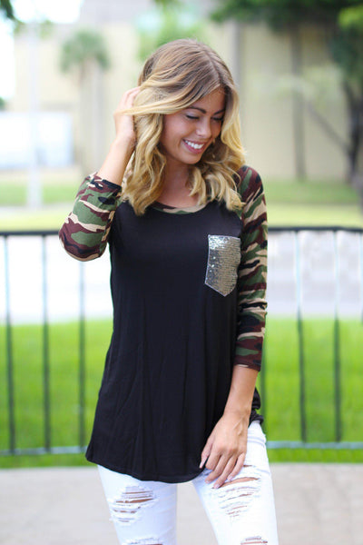 Black Camo Top with Sequined Pocket