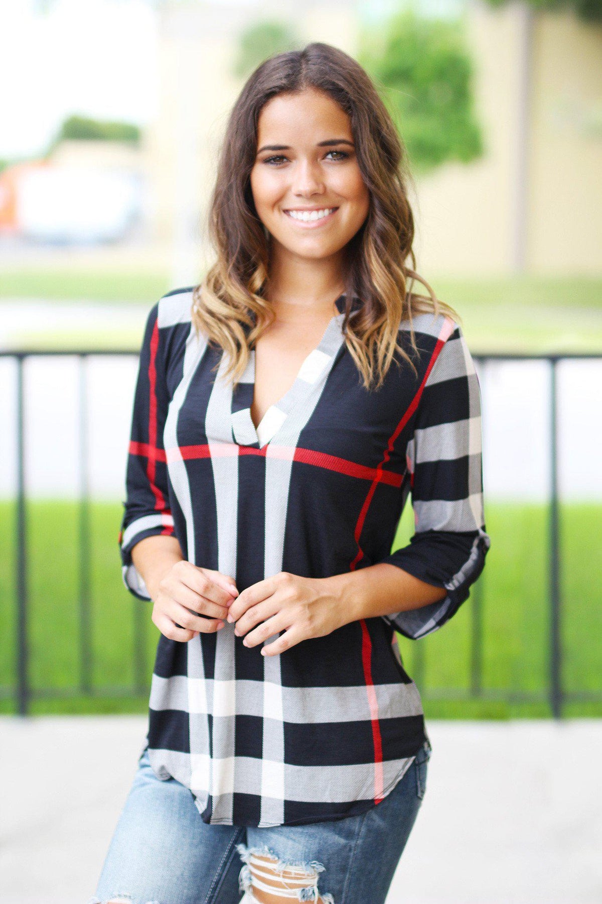 Black Check Print 3/4 Sleeve Top | Black Top | Check Print Top – Saved ...