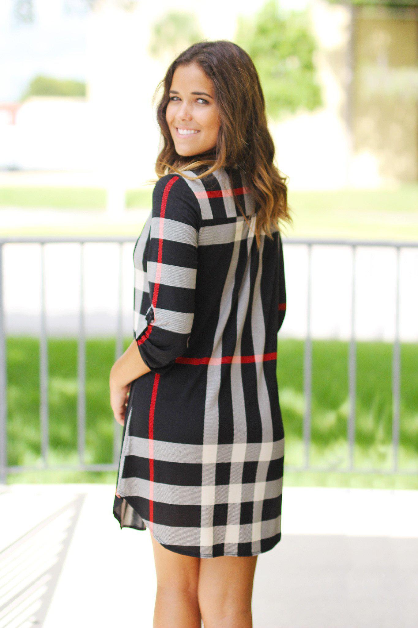 Black Check Print Short Dress with 3/4 Sleeves