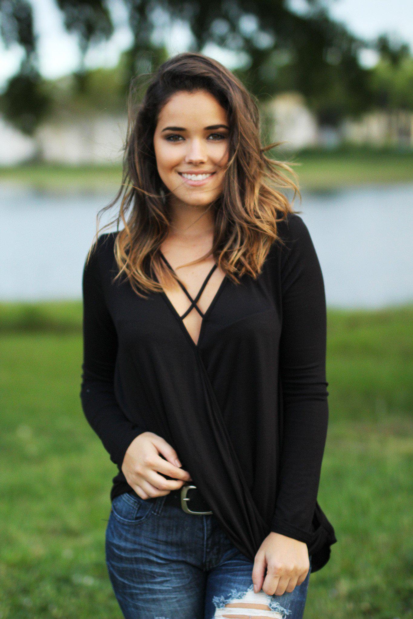 Black Criss Cross V Neck Top