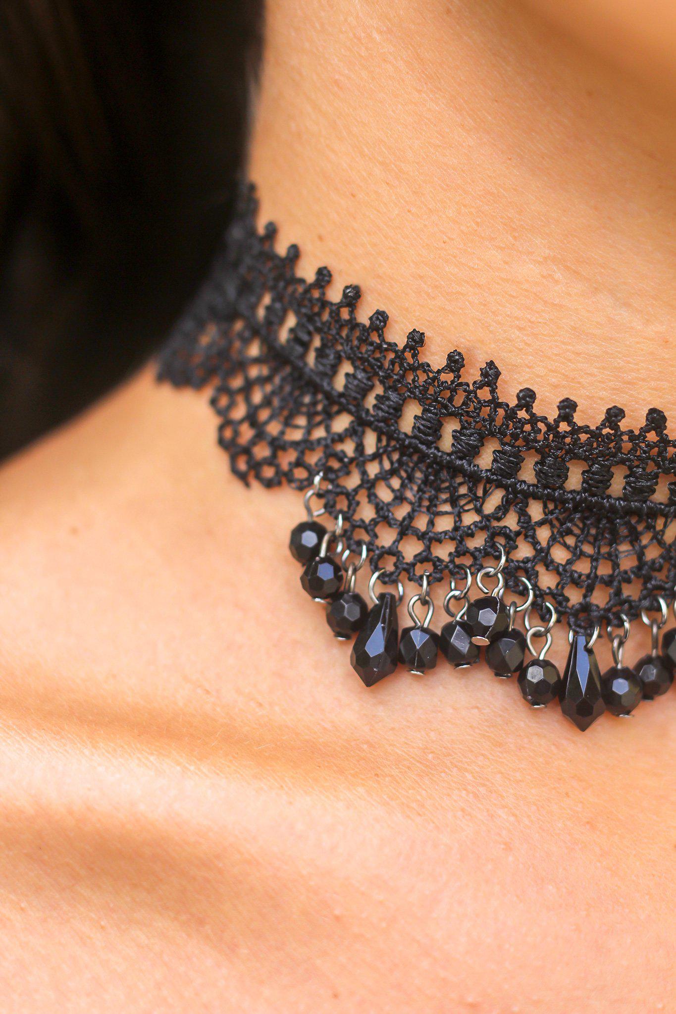 Black Crochet Choker with Bead Detail
