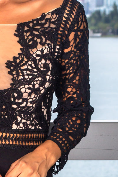 Black Crochet Top Maxi Dress with 34 Sleeves and Side Slit