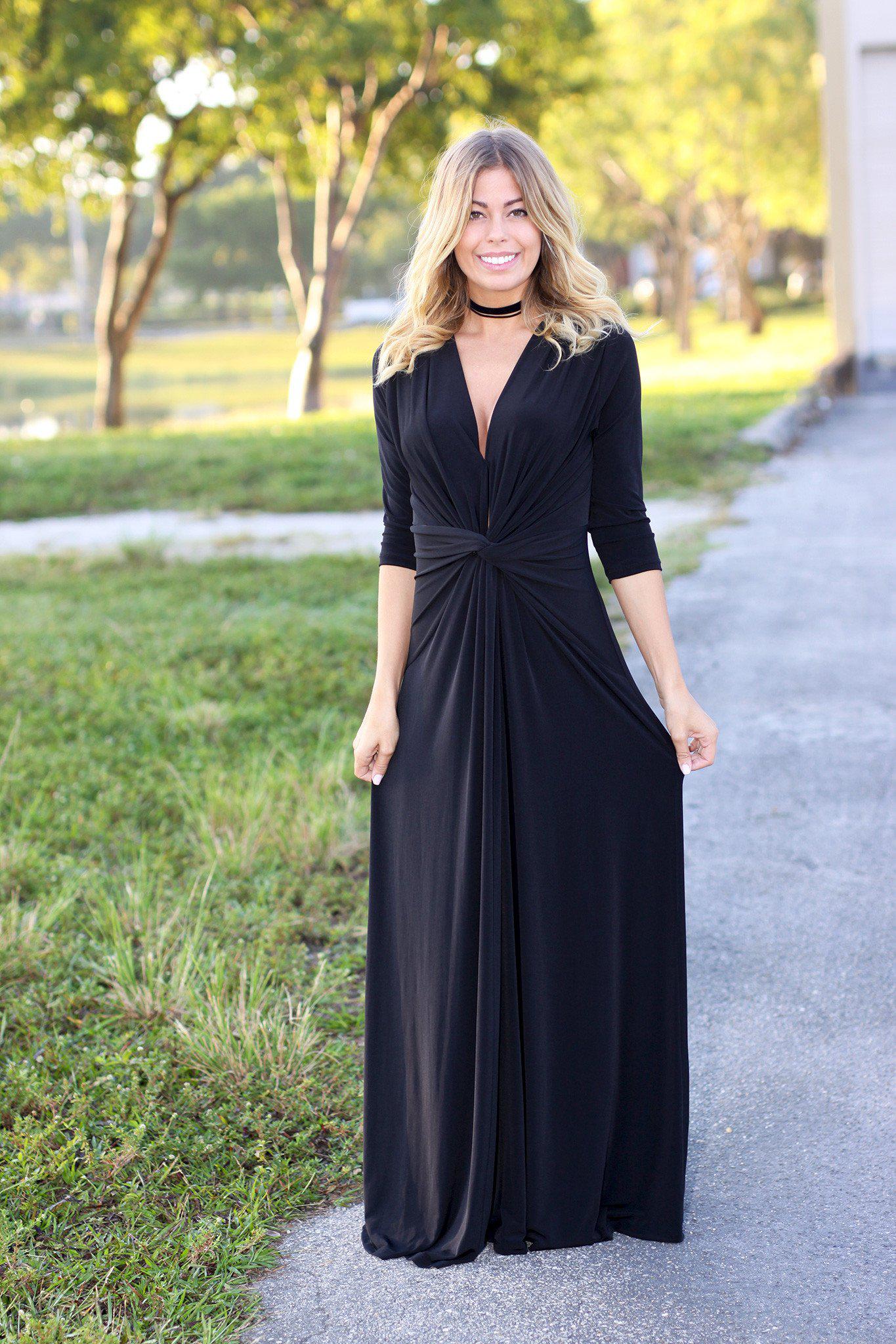 Black Maxi Dress with Knot | 3/4 Sleeves Dress | Black Long Dress | Saved by the Dress Black Maxi Dress with Knot | 3/4 Sleeves Dress | Black Long Dress | Saved by the Dress