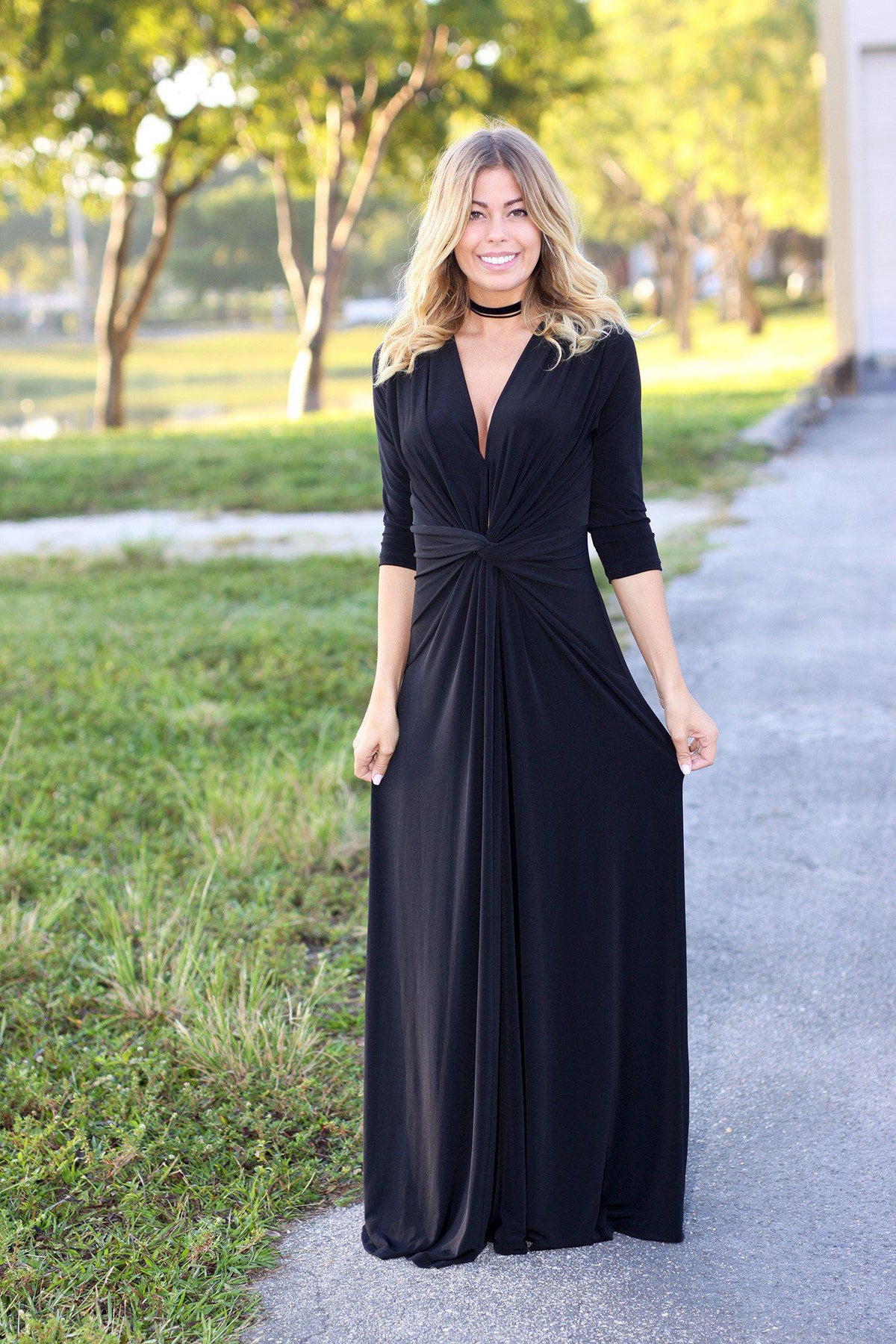 Black Maxi Dress with Knot | 3/4 Sleeves Dress | Black Long Dress ...