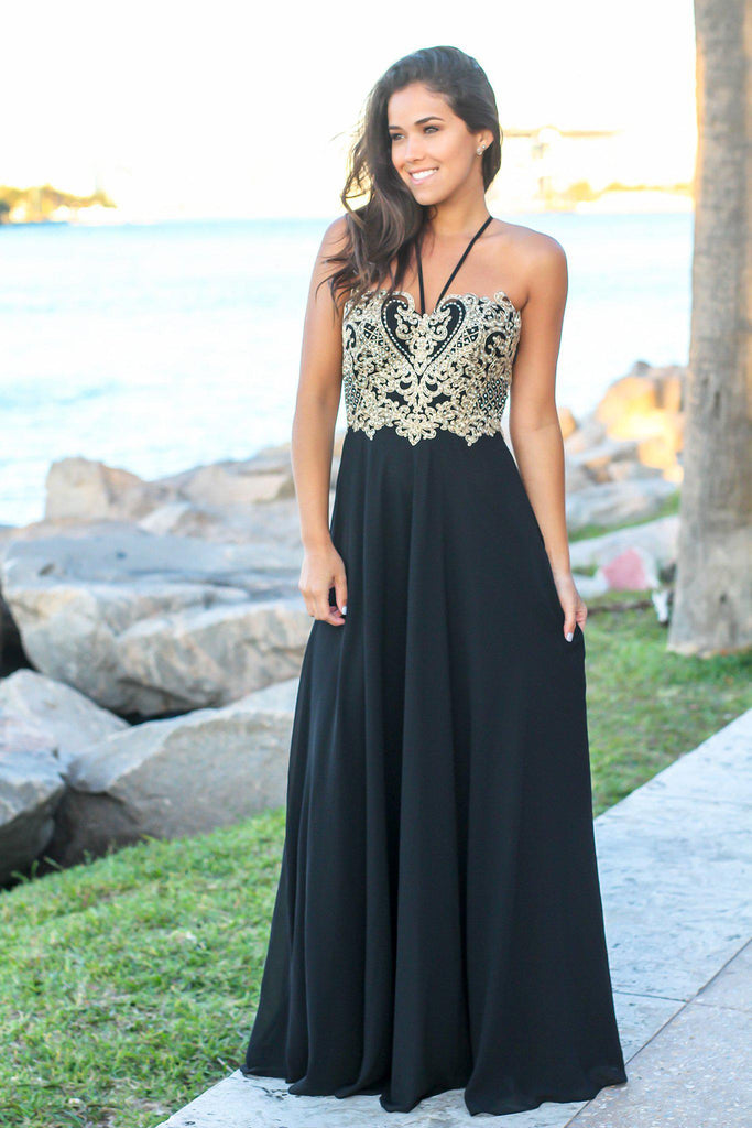 Black and Gold Maxi Dress with Embroidered Top | Maxi Dresses Saved by the Dress Black and Gold Maxi Dress with Embroidered Top | Maxi Dresses Saved by the Dress