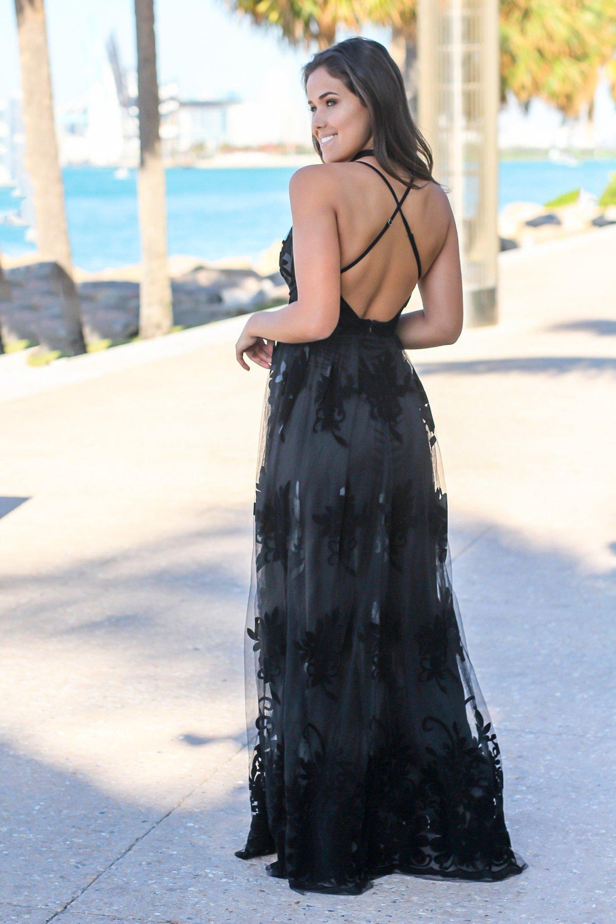 Black Floral Tulle Maxi Dress with Criss Cross Back | Maxi Dresses ...
