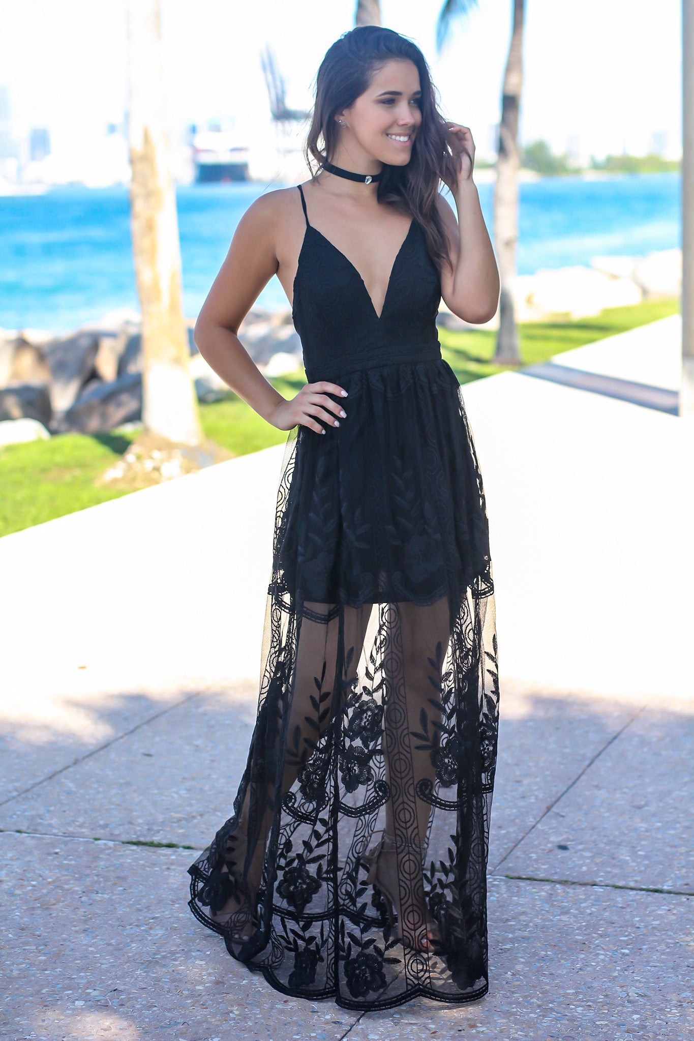 Black Embroidered Maxi Dress with Criss Cross Back | Maxi Dresses ...