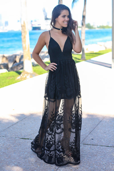 Black Embroidered Maxi Dress with Criss Cross Back