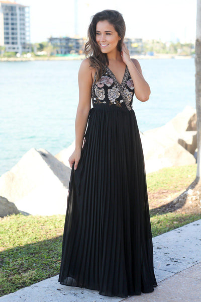 Black Embroidered Maxi Dress with Open Back