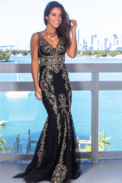 Black Embroidered Maxi Dress with Tulle Detail